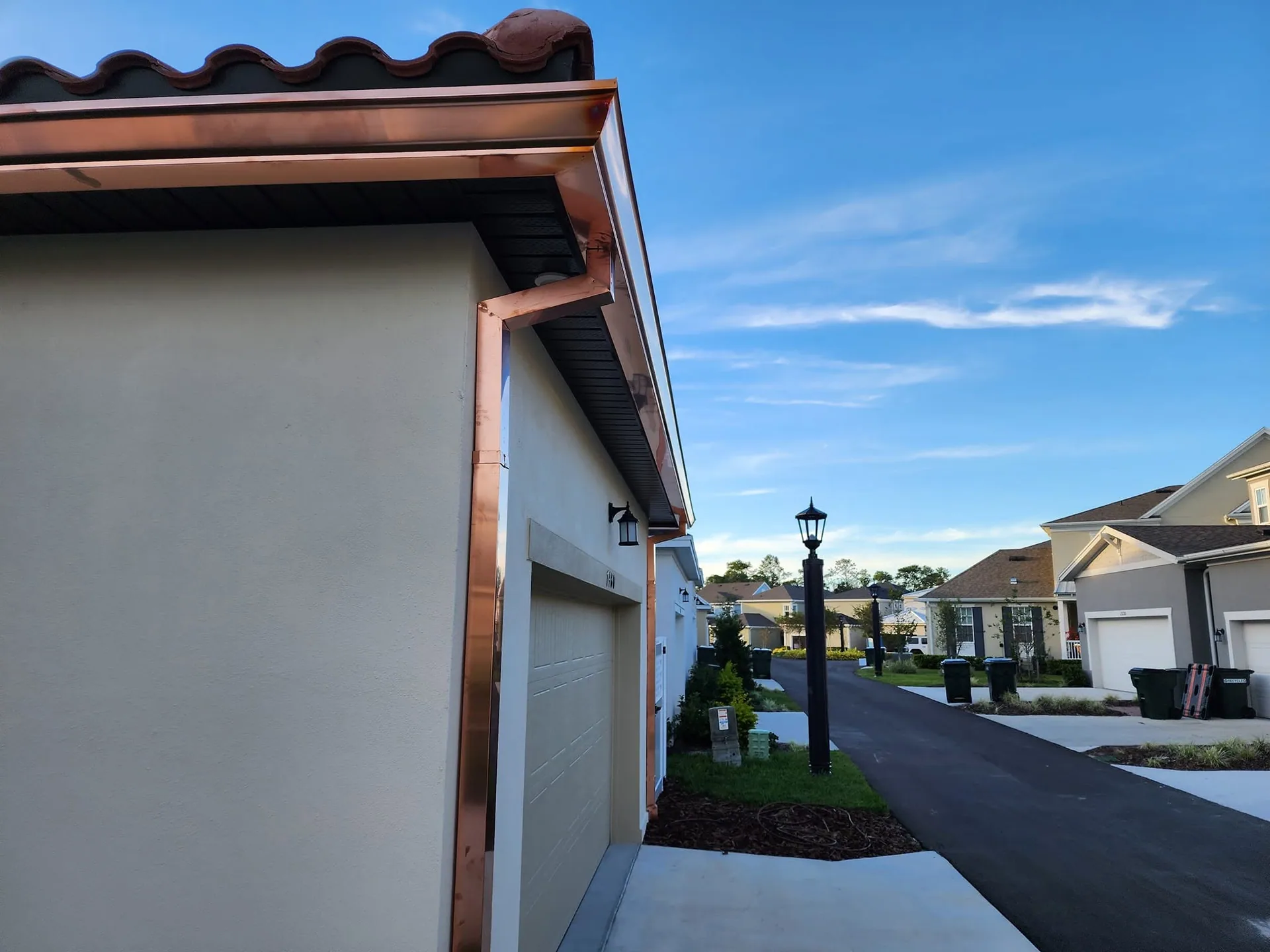 Copper box gutter square downspout garage corner clay tile, Sanford